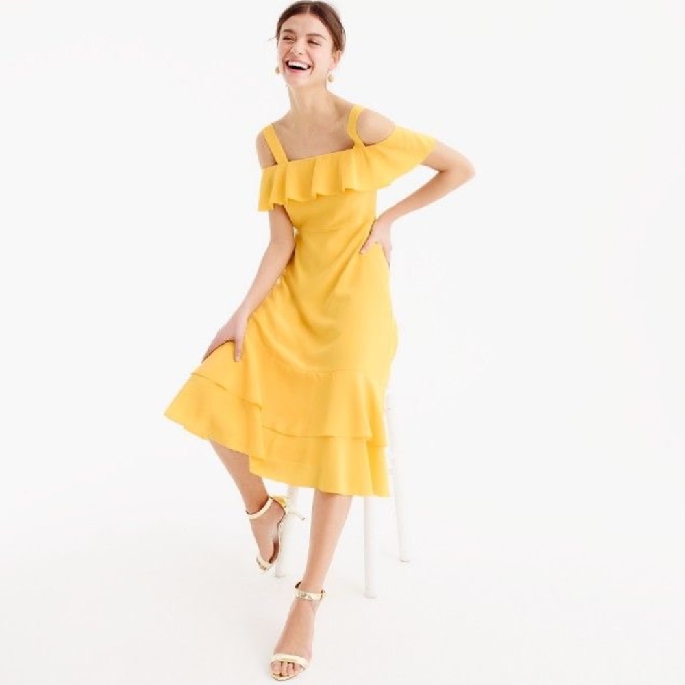 J. Crew Yellow Cold Shoulder Ruffle Midi Sundress